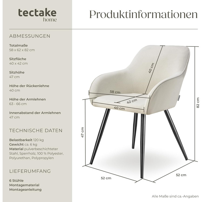 Тектейк® 4X Крісло для їдальні з підлокітниками, оббивка Cord, Lounge-крісло, для вітальні, кухні, офісу - (Набір 6 шт., Кремовий/Чорний)