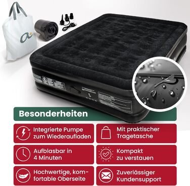 Надувне ліжко для 2 осіб - самонадувна повітряна матрац | Преміум гостьове ліжко без кабелю живлення - інтегрована USB-C помпа - надувне ліжко. Виберіть розмір зараз! Чорний двоспальний
