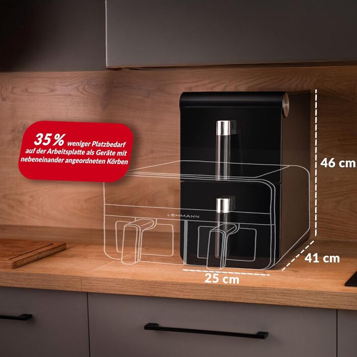 Фритюрниця повітряна LEHMANN XXL з 2 камерами, 11л, 13 програм, дисплей, антипригарне покриття, для великої сім'ї