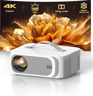 Портативний проєктор Beamer 4K з Dolby Audio, HDR10, WiFi6, Bluetooth 5.4, Auto Fokus, для домашнього кіно та перегляду спортивних подій, білий