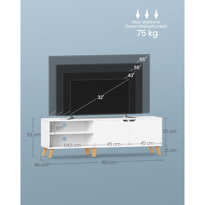 Тумба під телевізор VASAGLE 160 см, біла, з двома дверцятами, для ТВ до 65 дюймів, з регульованими полицями, для вітальні, спальні