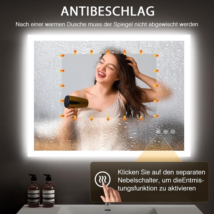 LED дзеркало для ванної кімнати 80x60 см з підсвічуванням, 3 кольори світла, регулювання яскравості, антизапарник, сенсорне керування, пам'ять, IP44, вологостійке