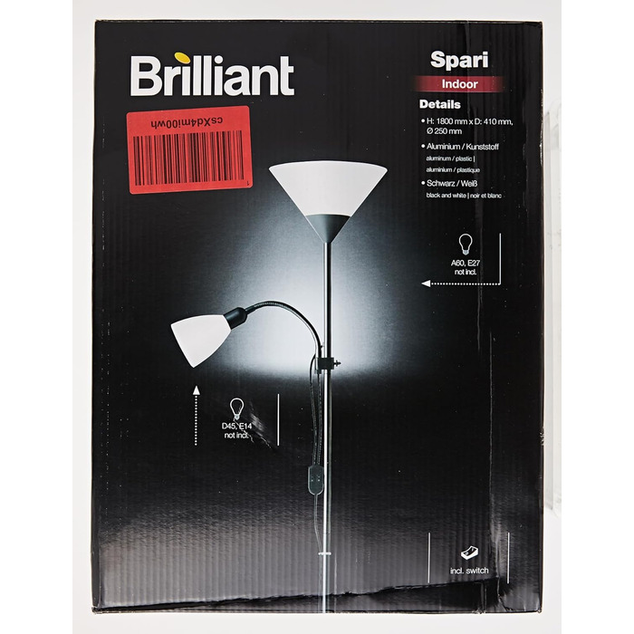 Стельовий омийник Brilliant Spari 1,8 м, чорний/білий, підходить для LED, лампа для читання з вимикачем шнура