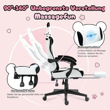 Ігровий крісло Dowinx Panda Edition - ергономічне комп'ютерне крісло з підніжкою, PU-шкіра, поперекова підтримка, чорно-білий дизайн