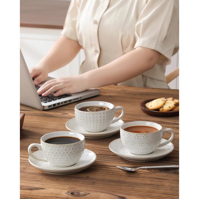 Набір посуду MALACASA LYDIA для 4 осіб (16 предметів) з кераміки з рельєфом, бежевий (4 чашки 180 мл)