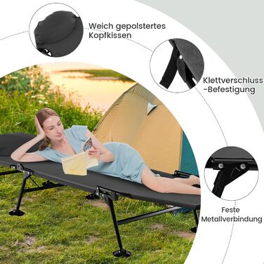 Складане ліжко для риболовлі та кемпінгу GOPLUS, посилене (до 200 кг), з регульованою спинкою (6 позицій) та спеціальними опорами для м'якого ґрунту, сіре