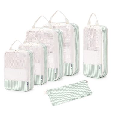 Набір органайзерів для валізи та рюкзака Narwey, 6 шт, компресійні органайзери для одягу та речей у подорож, світло-зелені смужки