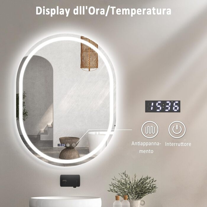 Дзеркало для ванної кімнати YU YUSING з підсвічуванням 80x60 см LED, 3 кольори світла, регулювання яскравості, антизапітніння, сенсорний вимикач, таймер, загартоване скло, IP44, овальне