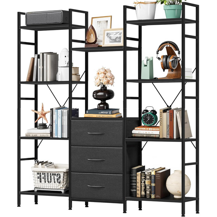 Стильна полиця-стеллаж з 4 висувними ящиками з тканини, 142 см, чорний колір. Ідеально для вітальні, офісу, кухні, балкону. Книжкова полиця, стелаж-куб, полиця для зберігання.