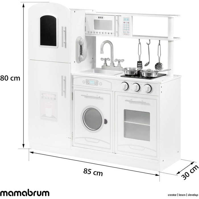 Дитяча дерев'яна кухня Mamabrum з LED-підсвічуванням. Регульована висота, набір з аксесуарами (крижанка, мікрохвильова піч, плита, посудомийна машина). Іграшка для дітей від 3 років (кухня для хлопчиків та дівчаток, білий колір)