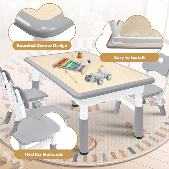 Дитячий стіл зі стільцями (2 шт) 80x60 см, регульована висота, сірий. Ідеально для дитячого садка, ігор, малювання та навчання. Легко миється. Підходить для дітей від 2 років.