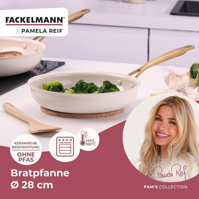 Набір сковорідок FACKELMANN x Pamela Reif, 3 шт. (діаметр 20-24-28 см) – з переробленого алюмінію, пастельно-бежевий, керамічне покриття без PFAS, стійке до 160 °C, для всіх типів плит