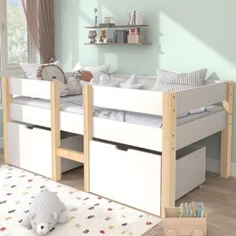 Дитяче ліжко Merax із шухлядою та захистом від падіння, дитяче ліжко для хлопчиків і дівчаток, міцне спальне місце з масиву дерева та дерева з рейковим каркасом, 90x190 см, біле 90 x 190 см Біле ліжко з шухлядою