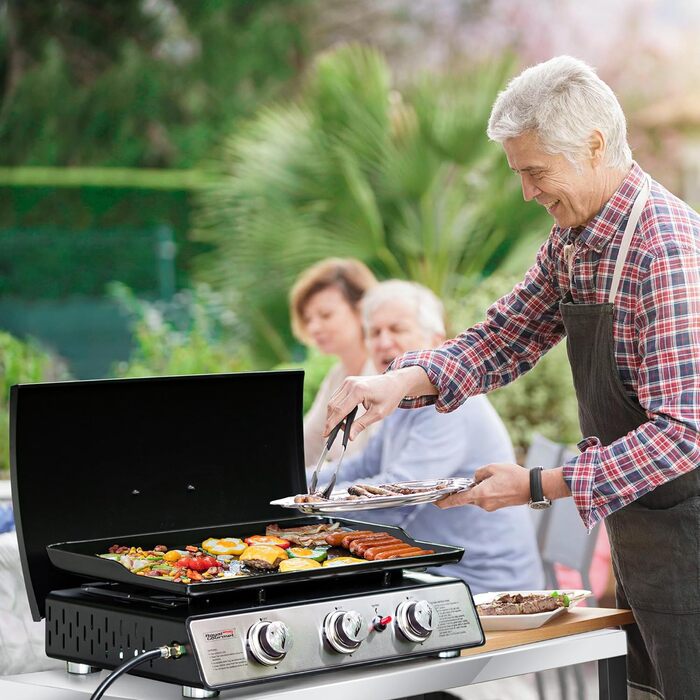 Сервісний візок Royal Gourmet з 3 ярусами, контейнер для сміття, візок для кухні, приставний столик, гриль Plancha, візок для гриля, з нержавіючої сталі, срібний, робоча поверхня 85 x 50 см