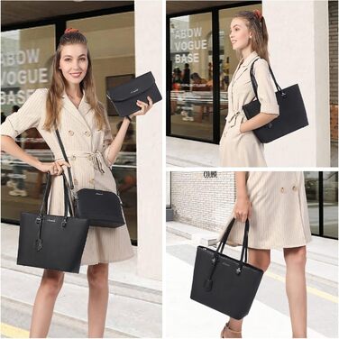 LOVEVOOK Набір сумок для жінок: 3 шт. (шопер, сумка на плече, сумка з ручкою) для подорожей, бізнесу, покупок. Чорний колір, срібна фурнітура