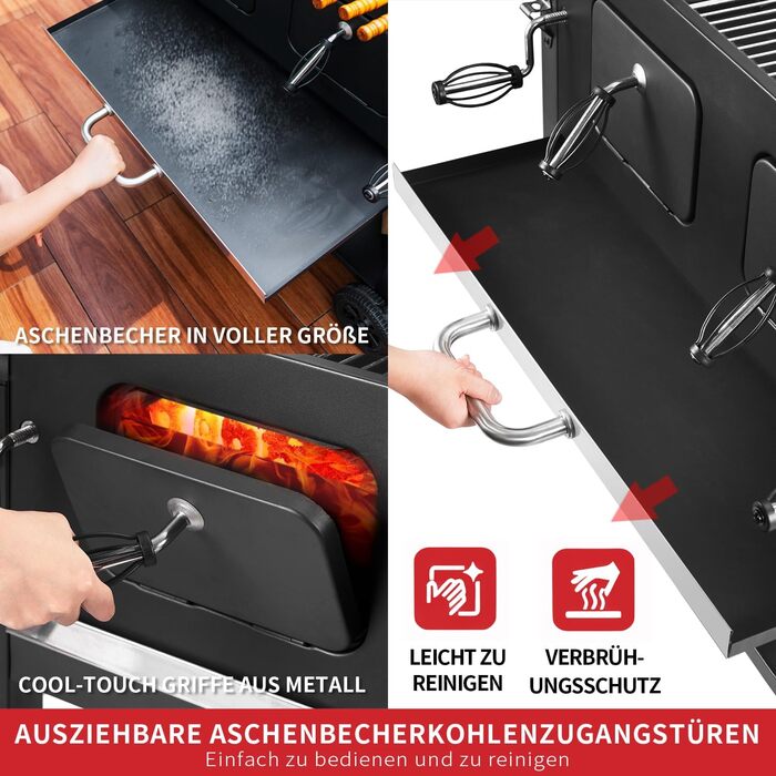 XXL вугільний гриль Grillwagen з кришкою, коптильня, гриль з колесами, ручка з нержавіючої сталі, грати, термометр, підлоговий гриль, 154.5 x 89 x 122 см