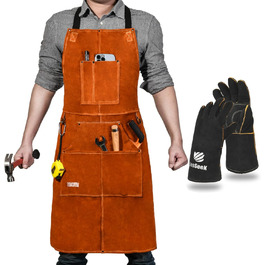 Шкіряний фартух для зварювальника LeaSeek – термостійкий та вогнестійкий, з 6 кишенями, великий розмір (M-XXXL), 61x91 см + шкіряні рукавички