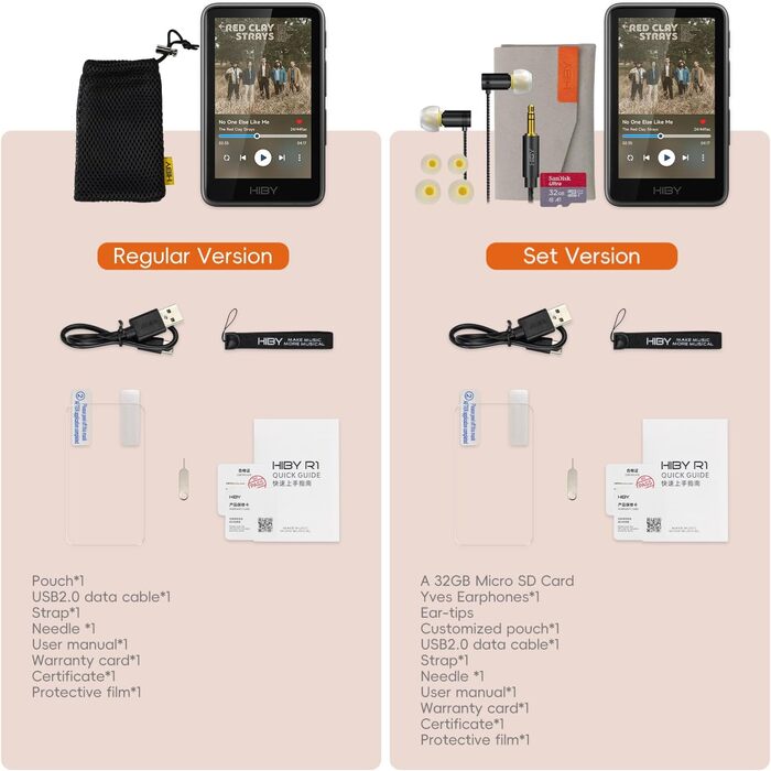 HiBy R1 HiFi MP3-плеєр з Bluetooth 5.1, Hi-Res Audio, DSD256, сенсорний екран 7,6 см, 32 ГБ, навушники Yves, підтримка Tidal/Qobuz, налаштування MSEB