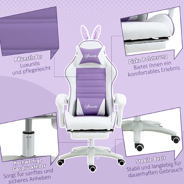 Ігровий крісло Vinsetto Ergonomischer Gamer Stuhl з підтримкою попереку, підставкою для ніг, ігровий крісло з вушками кролика, подушкою для голови, офісне крісло з регульованою спинкою та функцією відкидання спинки, фіолетовий | Aosom