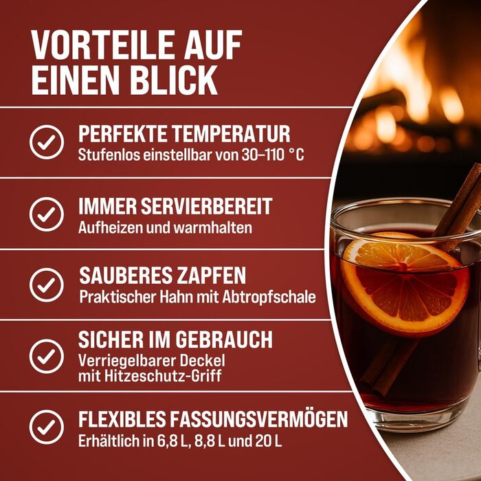 MONZANA Електричний нагрівач для глінтвейну 20 л з краном, термостатом 30-110°C, з нержавіючої сталі, на 90 чашок, для консервування, нагрівач пуншу, автомат для гарячих напоїв 20 л