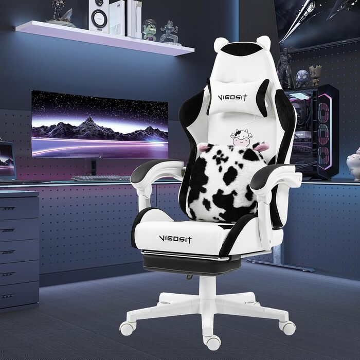 Ігровий крісло з милою формою та подушкою Каваї, ергономічний комп'ютерний ігровий стілець для дівчат з підтримкою попереку та підставкою для ніг, зручне відкидне крісло для підлітків (чорно-білий)