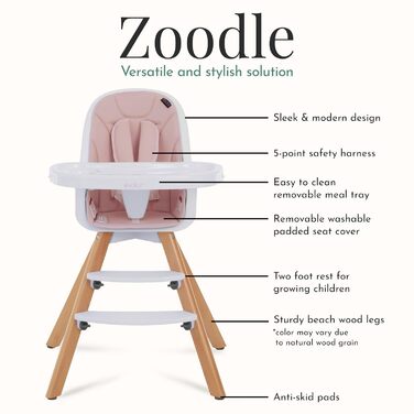 Дитячий стільчик Evolur Zoodle 3в1: бустер, стільчик для годування, сучасний дизайн, рожевий колір