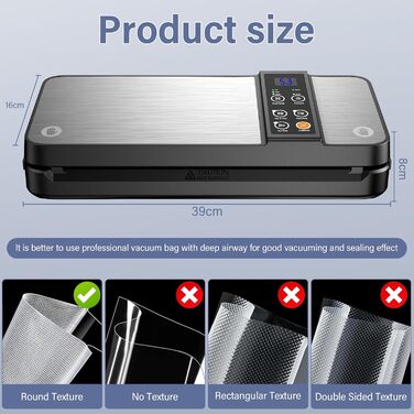 Вакууматор 8-в-1 для сухої та вологої їжі, вакуумний пакувальник 80 кПа з вбудованим різаком, відсіком для пакетів та цифровим таймером (Чорний)