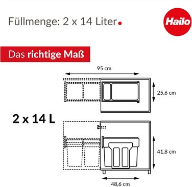 Конструкція Hailo EcoLine L вбудована система поділу сміття / 2 x 14 л / 28 л / подвійна система поділу сміття з висувними напрямними / знімна кришка з полицями / листова сталь / виконана в чорному кольорі