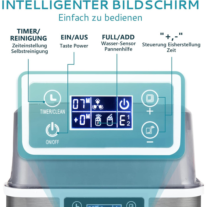 Машина для приготування льоду EUHOMY з нержавіючої сталі, 24 кубики за 13 хвилин, 24 кг/24 год, самоочисна, 3.2 л, з лопаткою та кошиком для дому/кухні/офісу/бару/RV, срібна