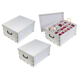 Декоративна коробка для прикрас XXL (3 шт.) білий/золотий - містка та якісна. Для зберігання до 40 ялинкових прикрас. Зручна коробка з міцного картону з пластиковими ручками.