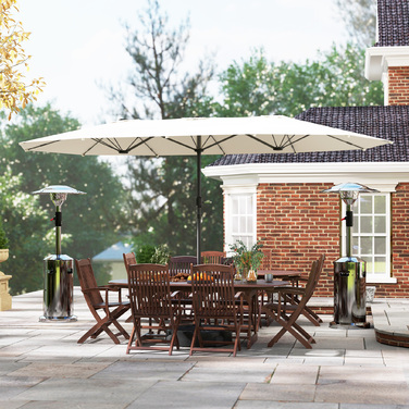 Outsunny Double Parasol 436 x 260 см, Сталева парасолька із захистом від ультрафіолету з ручною рукояткою, Овальна балконна парасолька Пляжна парасолька Вітрозахисна стабільна ринкова парасолька Колінчастий парасольку для пляжного балконного саду, бежева