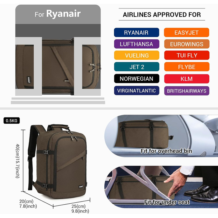 Кабінний рюкзак Kono 40x20x25 см для Ryanair, 20L, мінімалістичний, коричневий