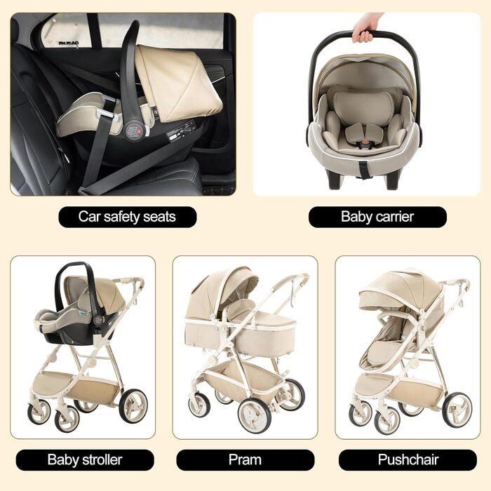 Дитяча коляска 3 в 1 Gcarebb з автокріслом, легка та портативна, комплект для новонароджених 0-4 роки, комбінована коляска з алюмінієвим каркасом