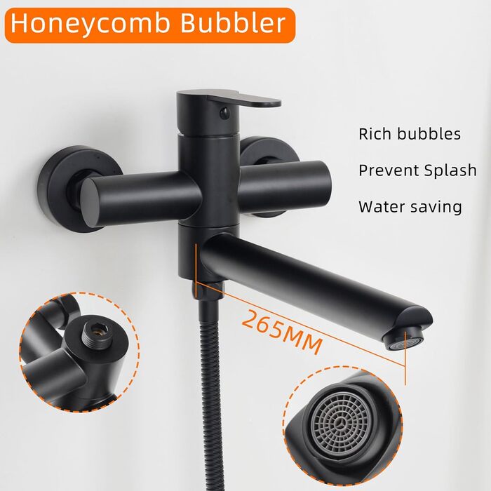 Змішувач для ванни PHASAT з витяжною лійкою, чорний, настінний монтаж, PTBB13E Long spout