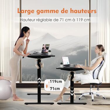 PACHIRA Електричний регульований стіл, 120x60 см, з пам'яттю та LED-дисплеєм, з гачком та кабелеуправлінням, ергономічний для дому/офісу, білий/чорний