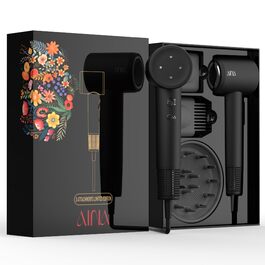 Високошвидкісний іонний фен для волосся AINA з безщітковим двигуном 160 000 об/хв, набір з дифузором, гребінцем та соплом, чорний (3A)