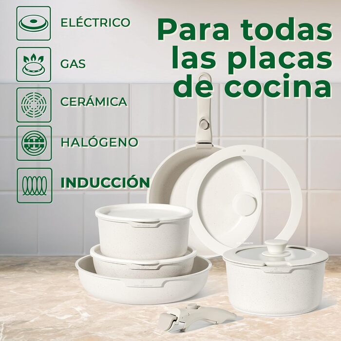 Набір кухонного посуду Just Perfecto 18 предметів з антипригарним покриттям, знімні ручки, для всіх типів плит (включаючи індукцію), без PFOA (Бежевий)