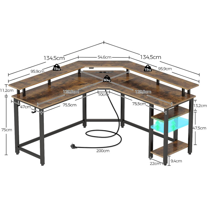 Комп'ютерний стіл Rolanstar L-подібний з RGB підсвічуванням та розетками, геймінговий стіл з полицею та гачками, для офісу, робочого кабінету, спальні (117 см, Vintagebraun, 137 x 137 x 87 см)