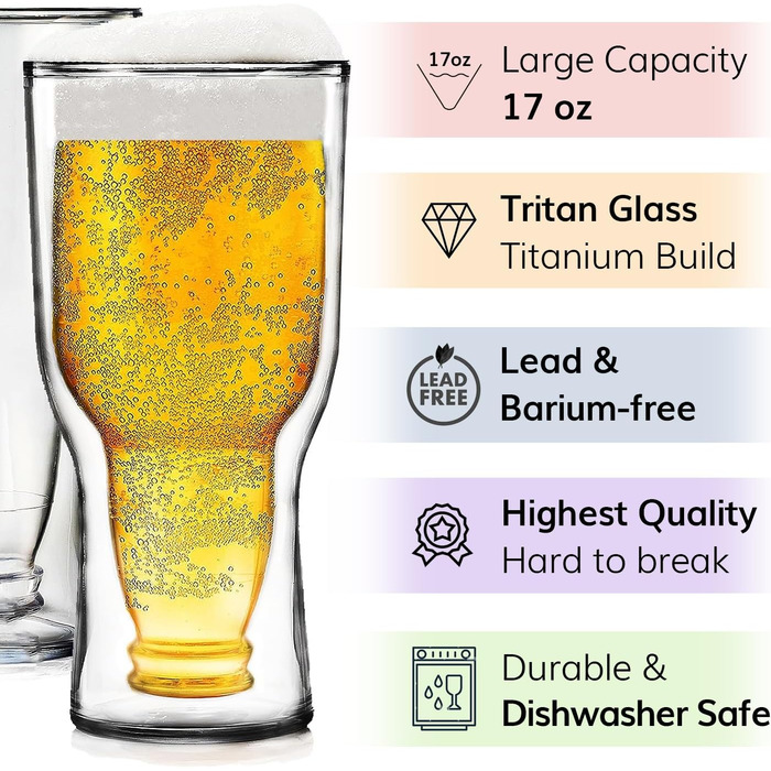 Набір утеплених пивних келихів з подвійними стінками (57-482 мл), прозорий, перевернутий дизайн, заморожується