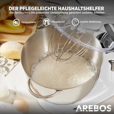Кухонна машина Arebos 1500W з чашею 6L з нержавіючої сталі | Змішувач, гак для тіста, вінчик | Кришка-розбризкувач | 6 швидкостей | Кухонний комбайн | Машина для тіста (Біла)