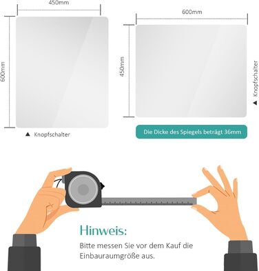 Дзеркало для ванної кімнати EMKE з підсвічуванням 40x60 см, антизапар, 2 кольори світла (тепле/холодне), вимикач-маятник, IP44, енергозберігаюче, захищене від вибуху (60 см x 45 см)