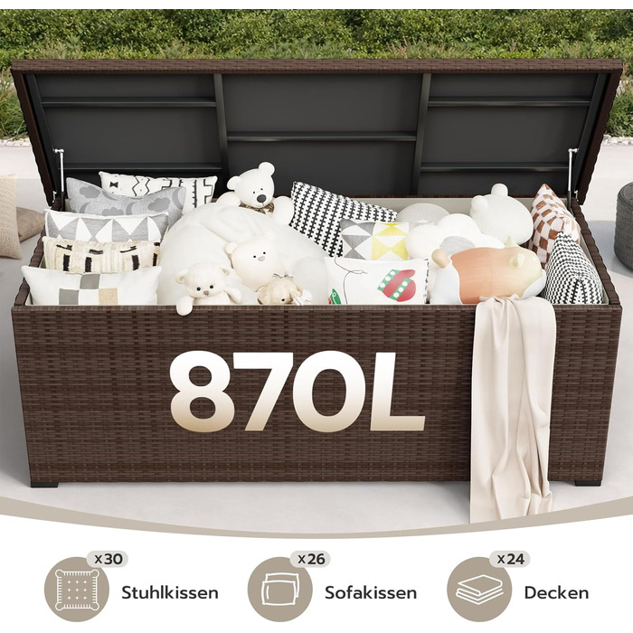 Водонепроникний садовий ящик Amopatio Gartenbox 650л з поліротангу для подушок, металевий з газовими амортизаторами, для саду та балкону, коричневий