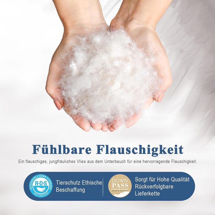 Пухова ковдра APSMILE 200x200 см з натурального пуху та пера, біо-бавовна, для алергіків, сертифікат Ökotex, RDS, середньої теплоти, біла, цілорічна