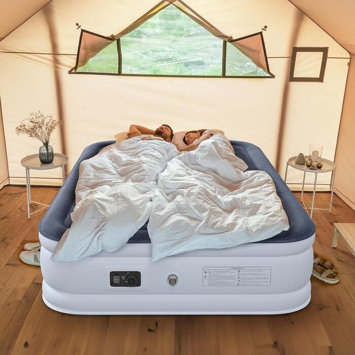 Надувний матрац YITAHOME самонадувний 2 особи, надувне ліжко з вбудованим електричним повітряним насосом, надувне ліжко з матрацом із сумкою для зберігання для гостьового ліжка в кемпінгу, 300 кг МАКС., 203 x 152 x 46 см (стиль A, білий сірий)
