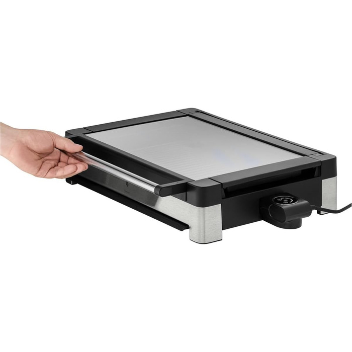 Електричний гриль WMF Lono з кришкою з термостійкого скла, антипригарне покриття, знімний збірник жиру, придатний для миття в посудомийній машині, матова нержавіюча сталь, 2200 Вт, Single