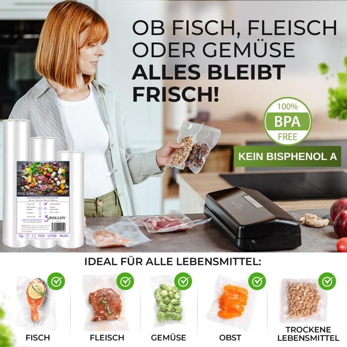 Вакууматор для продуктів BACHWERKE з шириною шва 32 см, вакуумний пакувальник з набором пакетів та запасним різаком