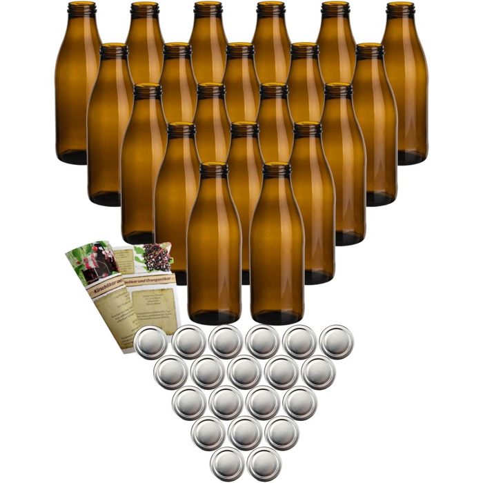 Набір з 20 пляшок для соку gouveo об'ємом 1000 мл з кришкою, що загвинчується білого кольору-велика скляна пляшка об'ємом 1 літр з кришкою TO48-порожня пляшка для наповнення кухні і будинку (20 шт., коричневого / сріблястого кольору)