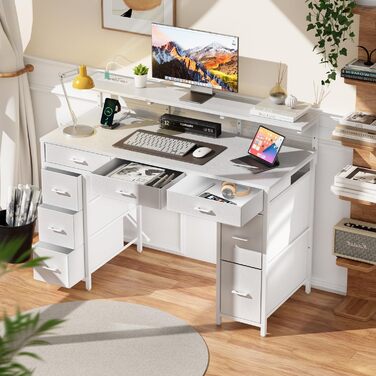 Комп'ютерний стіл з 8 висувними ящиками, 2 розетками та USB-портами, LED-підсвічуванням та підставкою для монітора, 120 x 50 x 74 см, білий