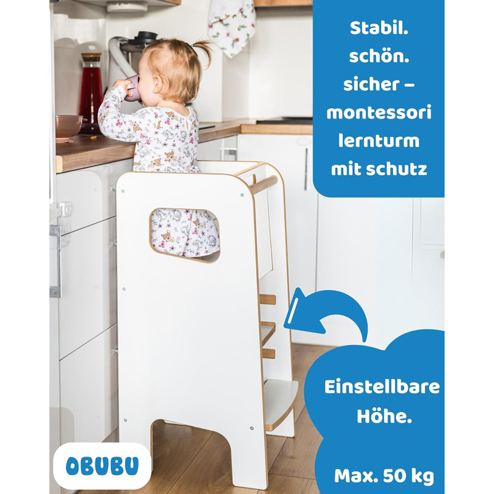 Дерев'яний навчальний столик-сходинка Montessori для дітей з бічною перегородкою – білий, безпечний та стійкий, регульована висота, з блокуванням, сучасний дизайн Model 4
