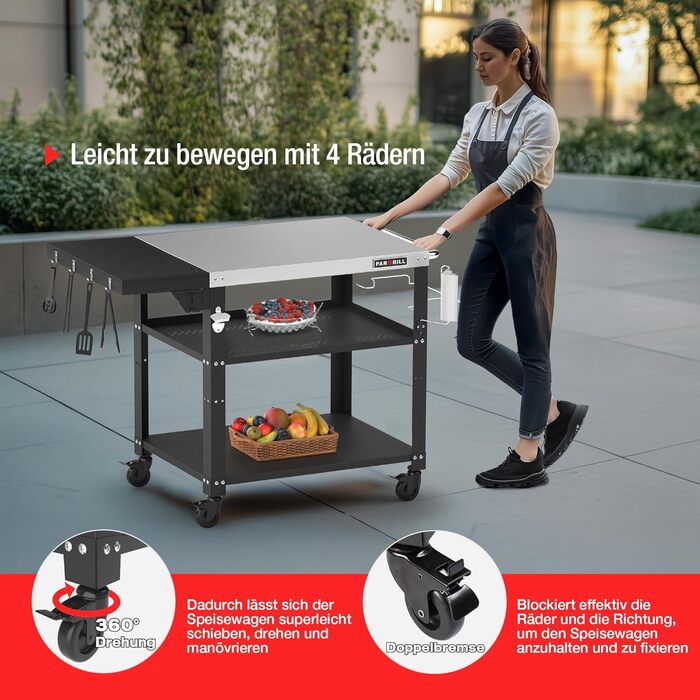 Мобільний сервісний візок для гриля з 3 рівнями, відкидним столиком та поворотними колесами на 360° з гальмом – багатофункціональний гриль-стіл з нержавіючої сталі для барбекю та саду